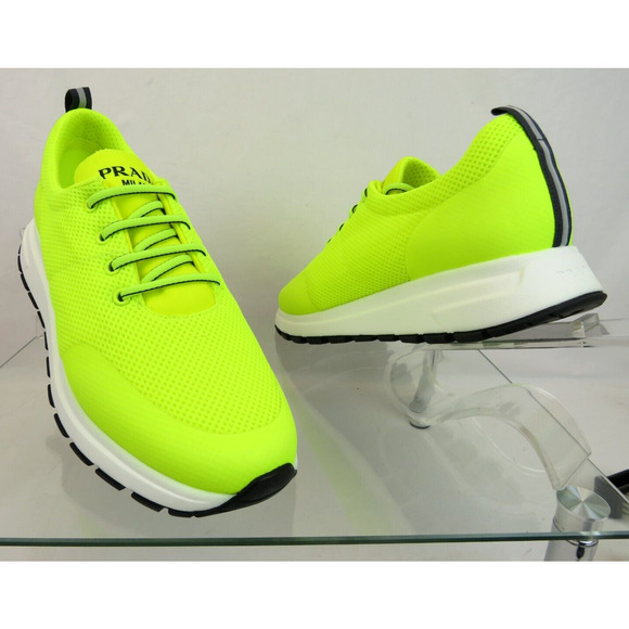 PRADA 4E3499 NEON YELLOW SPORT MESH BLACK LOGO LACE LOW SNEAKERS 10.5 / US 11.5 - Picture 1 of 15